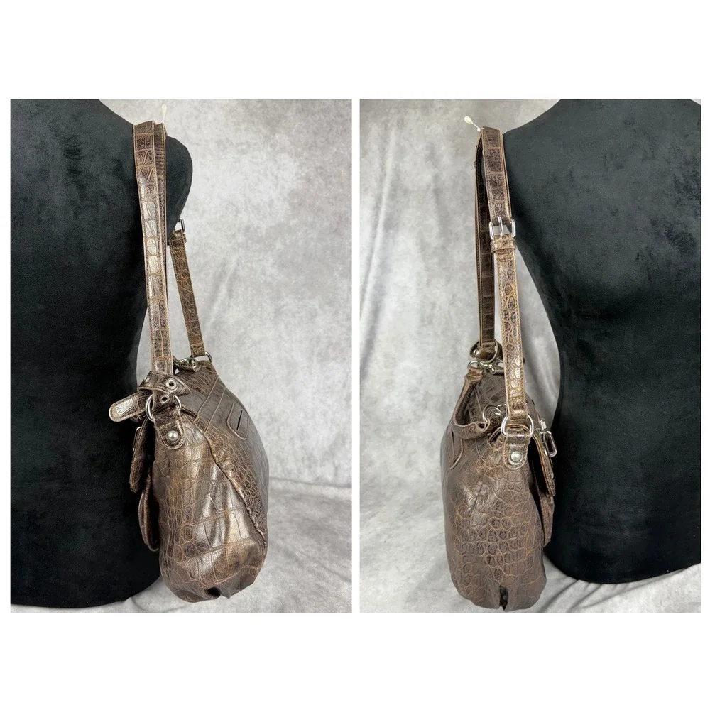 Vtg Y2K Nine West Brown Croc Embossed Faux Leather Purse Crossbody Silver Tonr